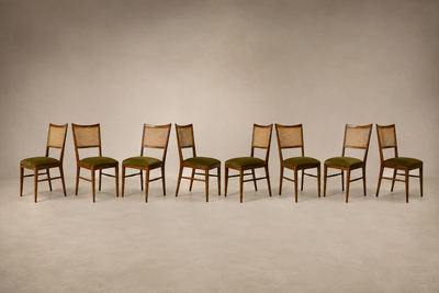 Set of Eight Modern Dining Chairs in Cavi na Cane Olive Mohair 1960s