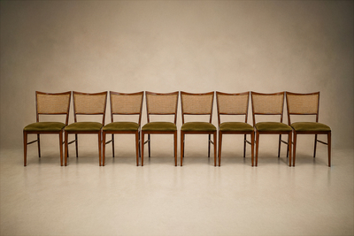 Set of Eight Modern Dining Chairs in Cavi na Cane Olive Mohair 1960s