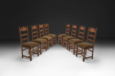 Set of Eight Oak Dining Chairs with Green Mohair Upholstery Europe 1960s