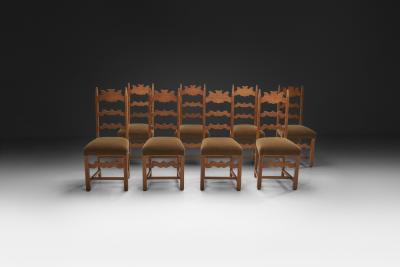 Set of Eight Oak Dining Chairs with Green Mohair Upholstery Europe 1960s