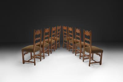 Set of Eight Oak Dining Chairs with Green Mohair Upholstery Europe 1960s