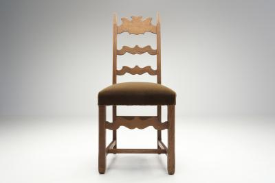 Set of Eight Oak Dining Chairs with Green Mohair Upholstery Europe 1960s
