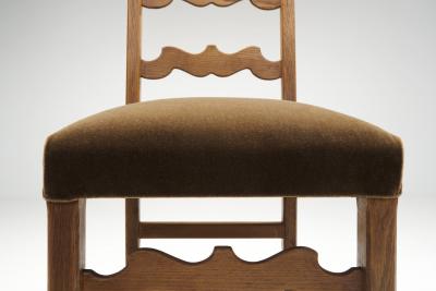 Set of Eight Oak Dining Chairs with Green Mohair Upholstery Europe 1960s