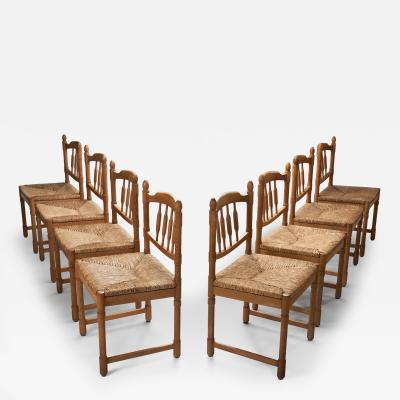Set of Eight Wood and Wicker Dining Chairs Europe Mid 20th Century
