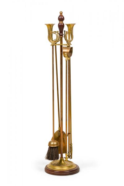 Set of English Country Style Hunting Horn Finial Brass Fire Tools