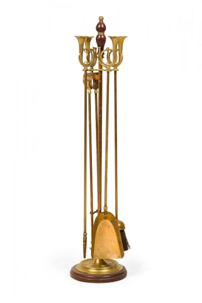 Set of English Country Style Hunting Horn Finial Brass Fire Tools