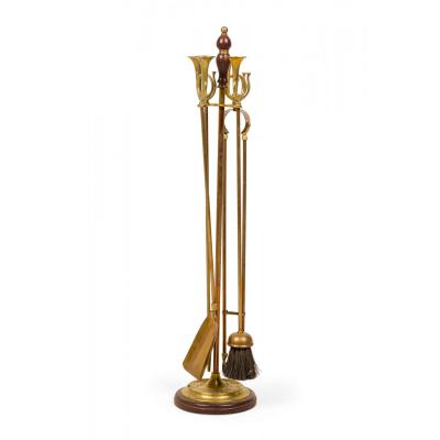 Set of English Country Style Hunting Horn Finial Brass Fire Tools