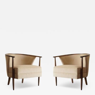 Set of Exposed Walnut Framework Barrel Lounge Chairs C 1950s