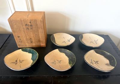 Set of Five Antique Ao Oribe Ceramic Dishes with Tomobako Edo