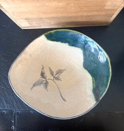 Set of Five Antique Ao Oribe Ceramic Dishes with Tomobako Edo