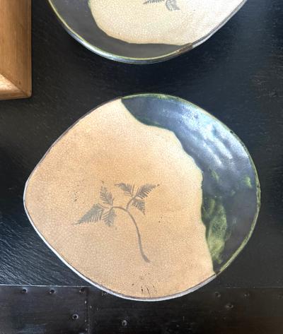 Set of Five Antique Ao Oribe Ceramic Dishes with Tomobako Edo