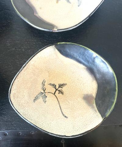 Set of Five Antique Ao Oribe Ceramic Dishes with Tomobako Edo