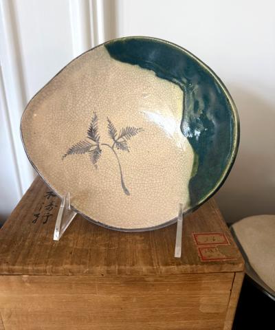 Set of Five Antique Ao Oribe Ceramic Dishes with Tomobako Edo