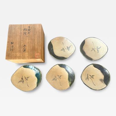 Set of Five Antique Ao Oribe Ceramic Dishes with Tomobako Edo