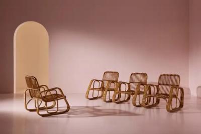 Set of Five Armchairs in Bent Wicker and Bamboo by Dal Vera Italy 1960s