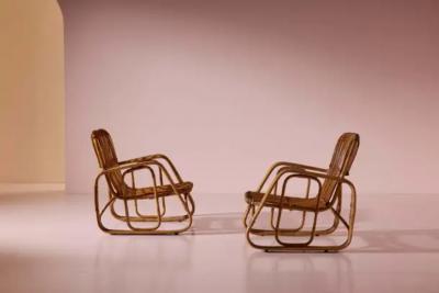 Set of Five Armchairs in Bent Wicker and Bamboo by Dal Vera Italy 1960s