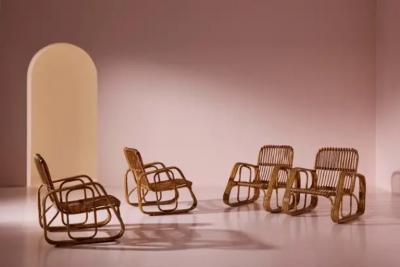 Set of Five Armchairs in Bent Wicker and Bamboo by Dal Vera Italy 1960s