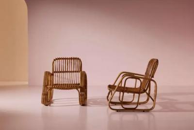 Set of Five Armchairs in Bent Wicker and Bamboo by Dal Vera Italy 1960s