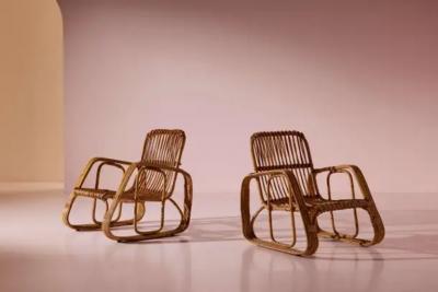 Set of Five Armchairs in Bent Wicker and Bamboo by Dal Vera Italy 1960s