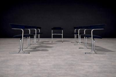 Set of Five Armchairs in Chrome and Black Fabric Pozza Moveis 1960s