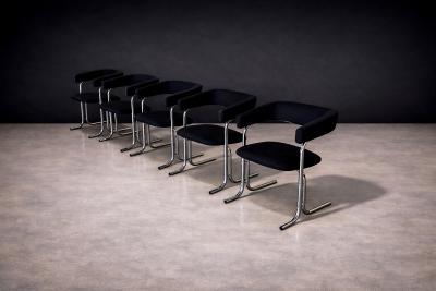 Set of Five Armchairs in Chrome and Black Fabric Pozza Moveis 1960s