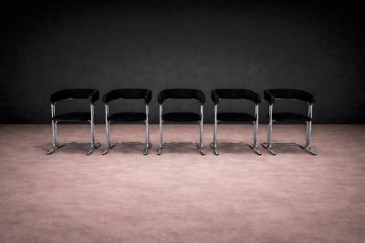 Set of Five Armchairs in Chrome and Black Fabric Pozza Moveis 1960s