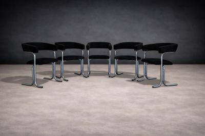Set of Five Armchairs in Chrome and Black Fabric Pozza Moveis 1960s