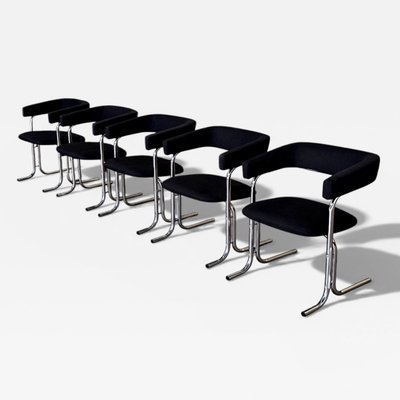 Set of Five Armchairs in Chrome and Black Fabric Pozza Moveis 1960s