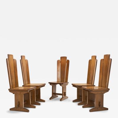 Set of Five Brutalist Solid Oak Dining Chairs Europe 1970s