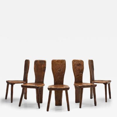 Set of Five Solid Plank Back Dining Chairs Europe Mid 20th Century