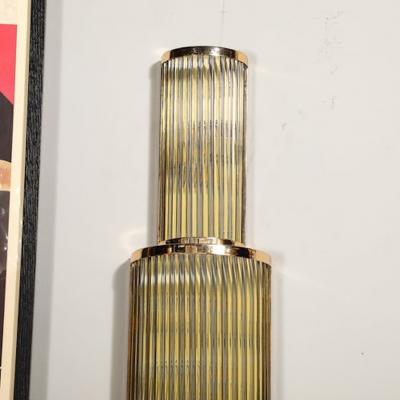 Set of Four Art Deco Style 3 Tier Polished Brass Murano Mixed Glass Rod Sconces
