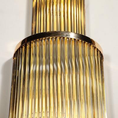 Set of Four Art Deco Style 3 Tier Polished Brass Murano Mixed Glass Rod Sconces