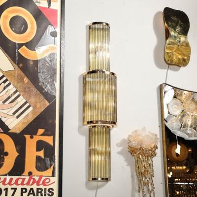 Set of Four Art Deco Style 3 Tier Polished Brass Murano Mixed Glass Rod Sconces