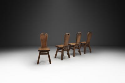 Set of Four Belgian Brutalist Chairs in Heavy Oak Belgium 1970s