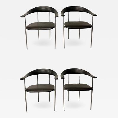 Set of Four Black Chrome Italian Dining Arm Side Chairs 1970s