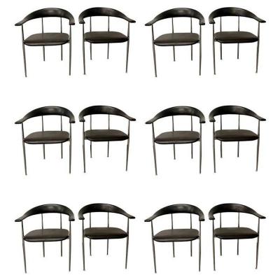 Set of Four Black Chrome Italian Dining Arm Side Chairs 1970s