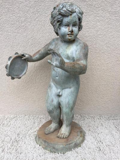 Set of Four Bronze Classical Style Musical Putti or Cherub Garden Statuary