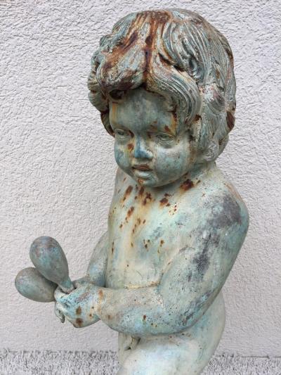 Set of Four Bronze Classical Style Musical Putti or Cherub Garden Statuary