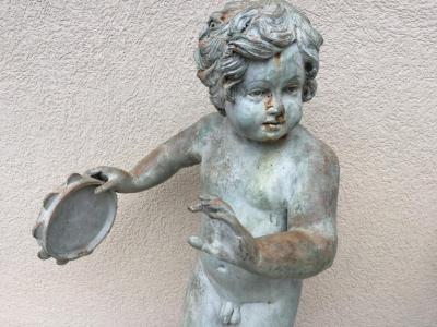 Set of Four Bronze Classical Style Musical Putti or Cherub Garden Statuary
