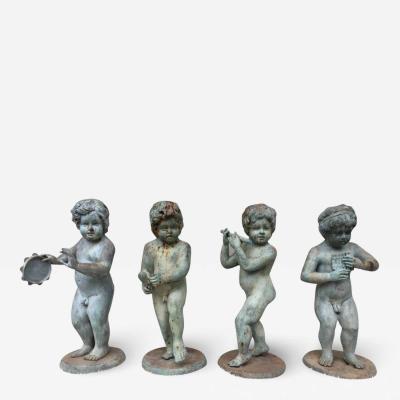 Set of Four Bronze Classical Style Musical Putti or Cherub Garden Statuary