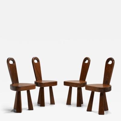 Set of Four Brutalist Solid Wood Low Tripod Chairs France 1960s