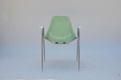 Set of Four Comfortable Turquoise Fiberglass Armchairs on Chrome Bases