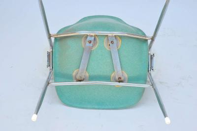 Set of Four Comfortable Turquoise Fiberglass Armchairs on Chrome Bases