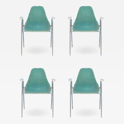 Set of Four Comfortable Turquoise Fiberglass Armchairs on Chrome Bases