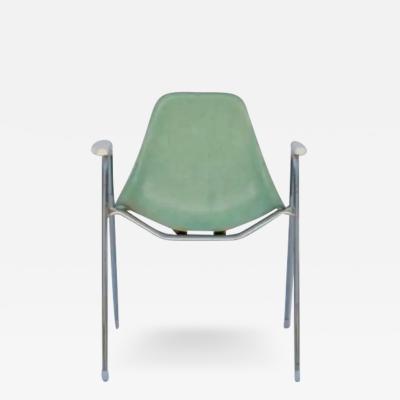 Set of Four Comfortable Turquoise Fiberglass Armchairs on Chrome Bases