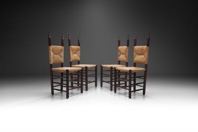 Set of Four Dining Chairs with Poplar Wood and Rush Seats Europe ca 1950s