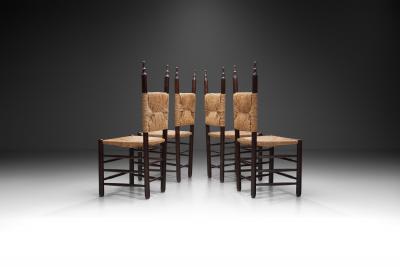 Set of Four Dining Chairs with Poplar Wood and Rush Seats Europe ca 1950s