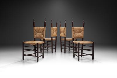 Set of Four Dining Chairs with Poplar Wood and Rush Seats Europe ca 1950s