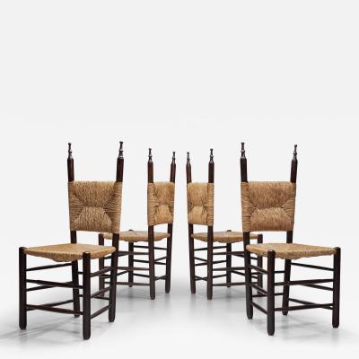 Set of Four Dining Chairs with Poplar Wood and Rush Seats Europe ca 1950s
