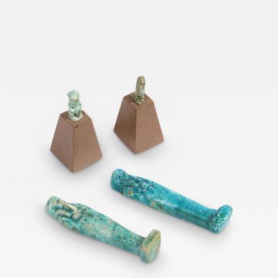 Set of Four Egyptian Antiquities Pair of Sarcophagus Faience Two Figurines